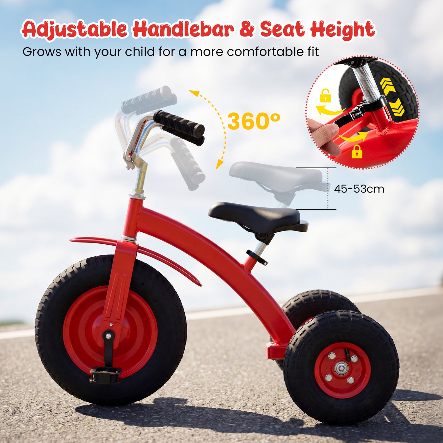 Red Kids Tricycle | Adjustable Seat & Inflatable Rubber Tires