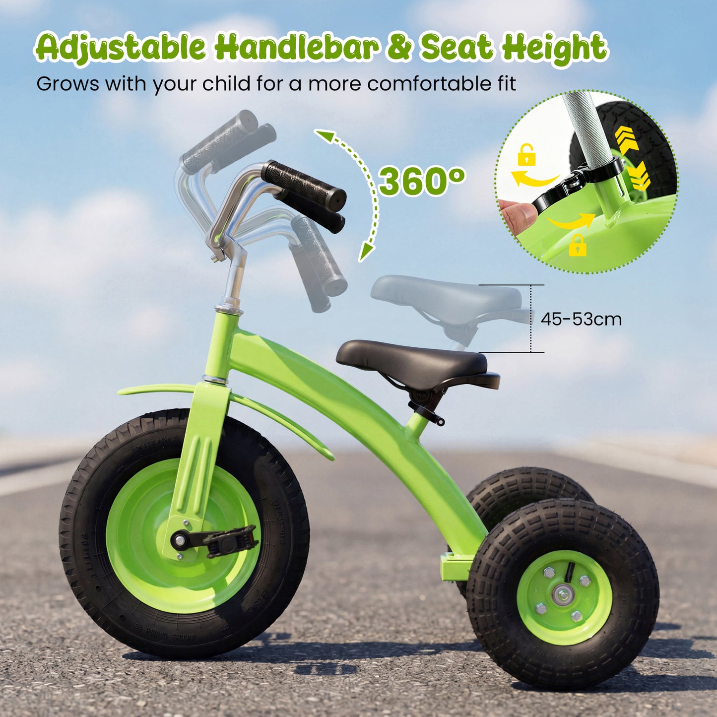 Green Kids Tricycle | Adjustable Seat & Inflatable Rubber Tires