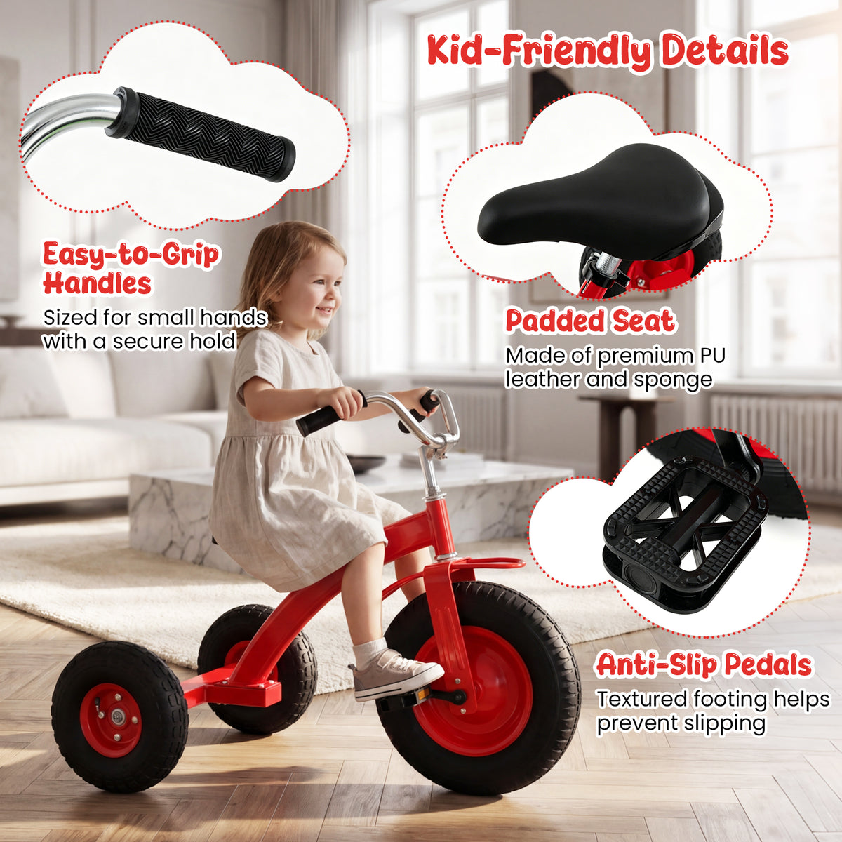 Red Kids Tricycle | Adjustable Seat & Inflatable Rubber Tires