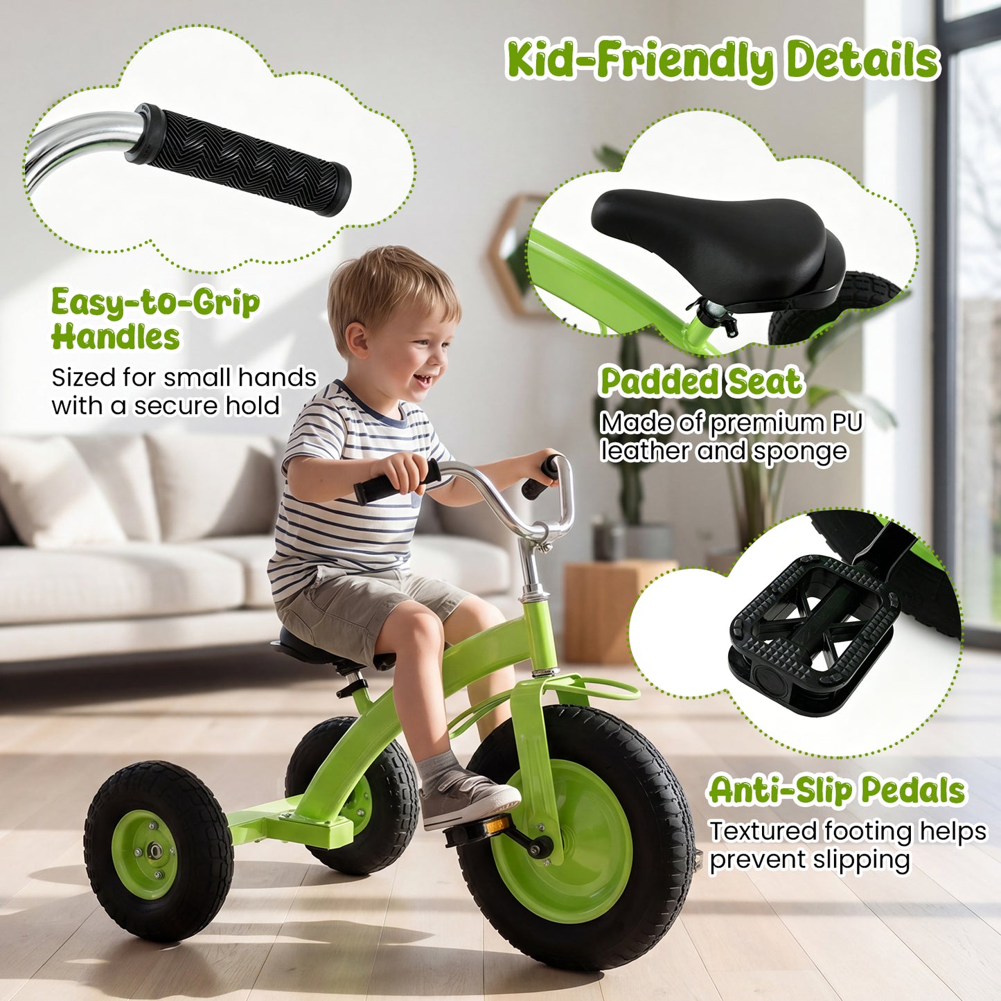 Green Kids Tricycle | Adjustable Seat & Inflatable Rubber Tires