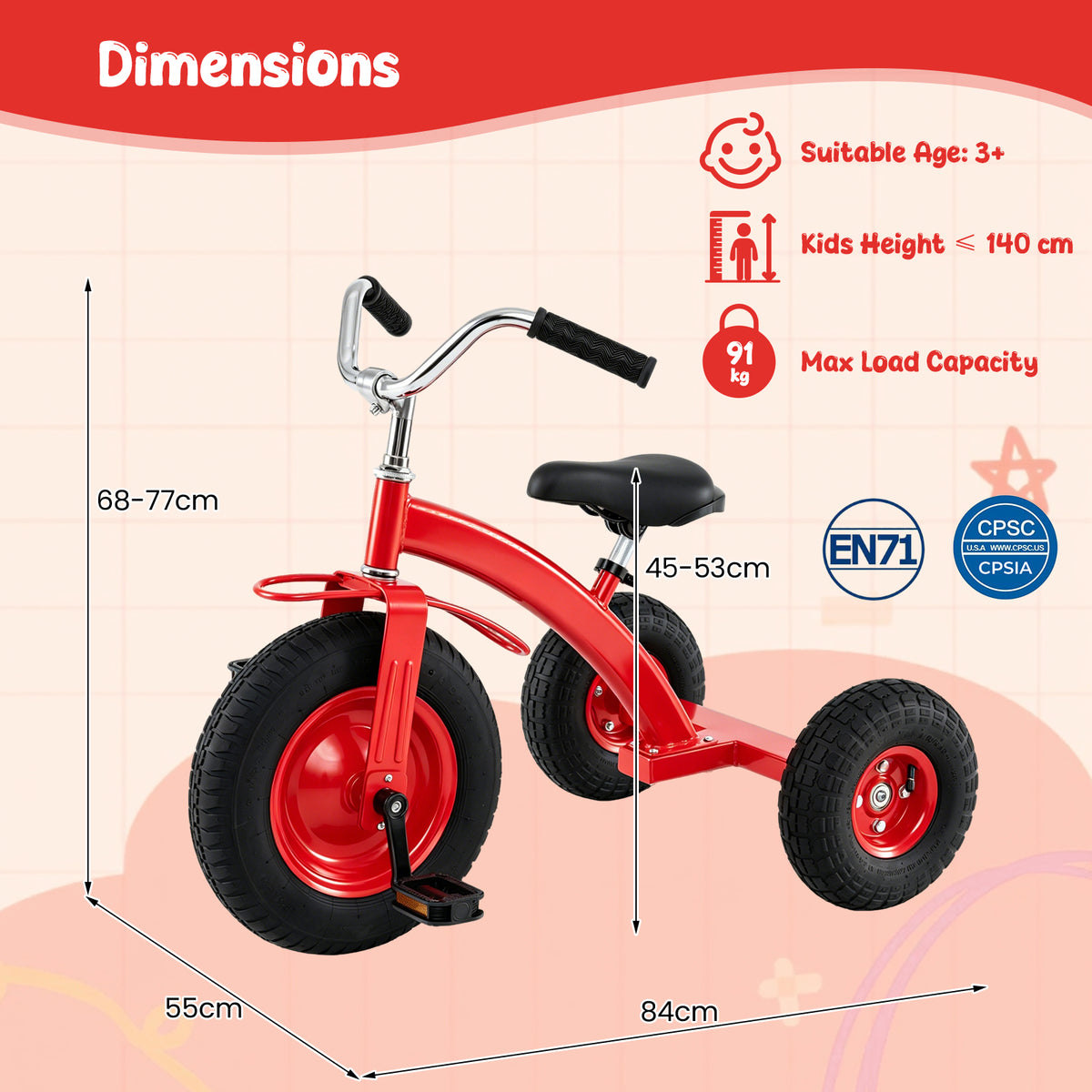 Red Kids Tricycle | Adjustable Seat & Inflatable Rubber Tires