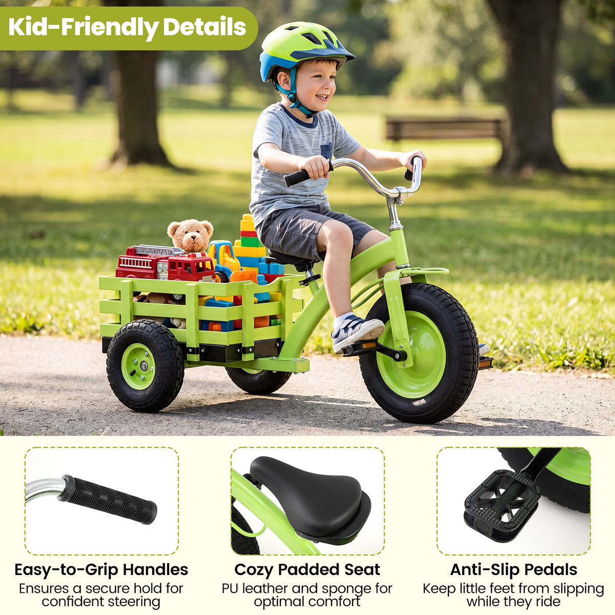 Green Kids Tricycle | Adjustable Seat, Basket & Inflatable Tires