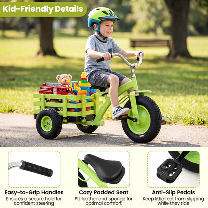 Green Kids Tricycle | Adjustable Seat, Basket & Inflatable Tires