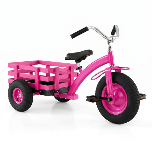 Pink Kids Tricycle | Basket Inflatable Tires Adjustable Seat