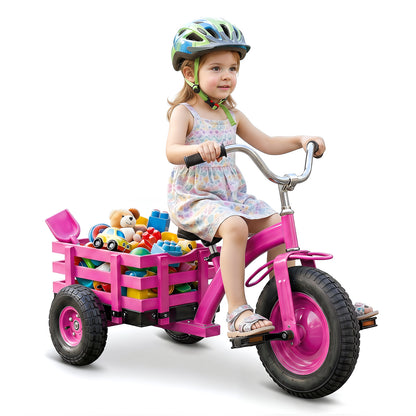 Pink Kids Tricycle | Basket Inflatable Tires Adjustable Seat