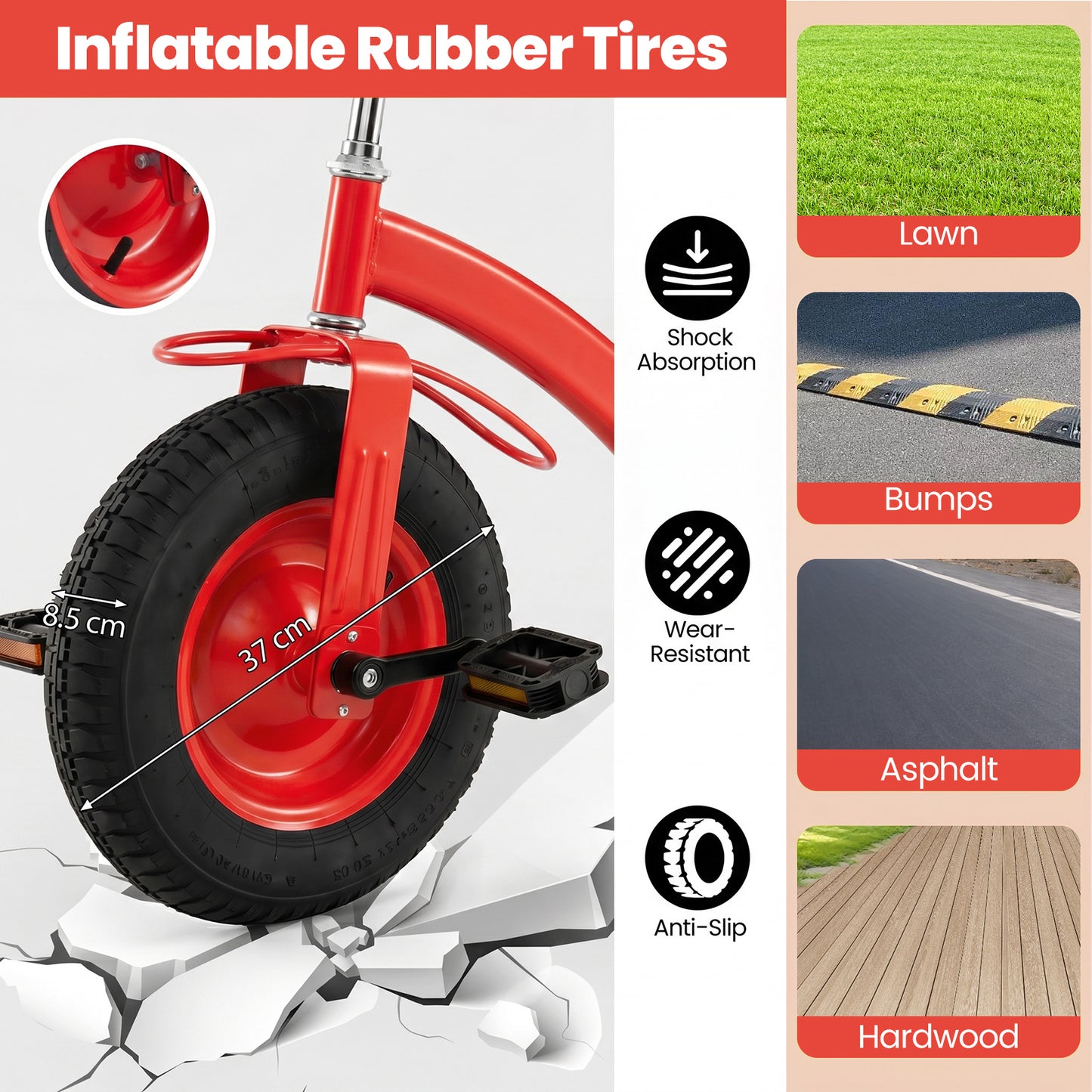 Red Kids Tricycle | Storage Basket & 15-Inch Inflatable Tires