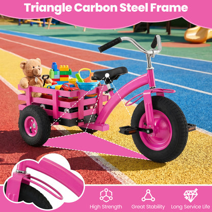 Pink Kids Tricycle | Basket Inflatable Tires Adjustable Seat