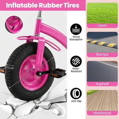 Pink Kids Tricycle | Basket Inflatable Tires Adjustable Seat