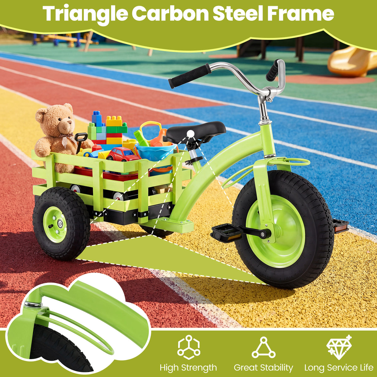 Green Kids Tricycle | Adjustable Seat, Basket & Inflatable Tires