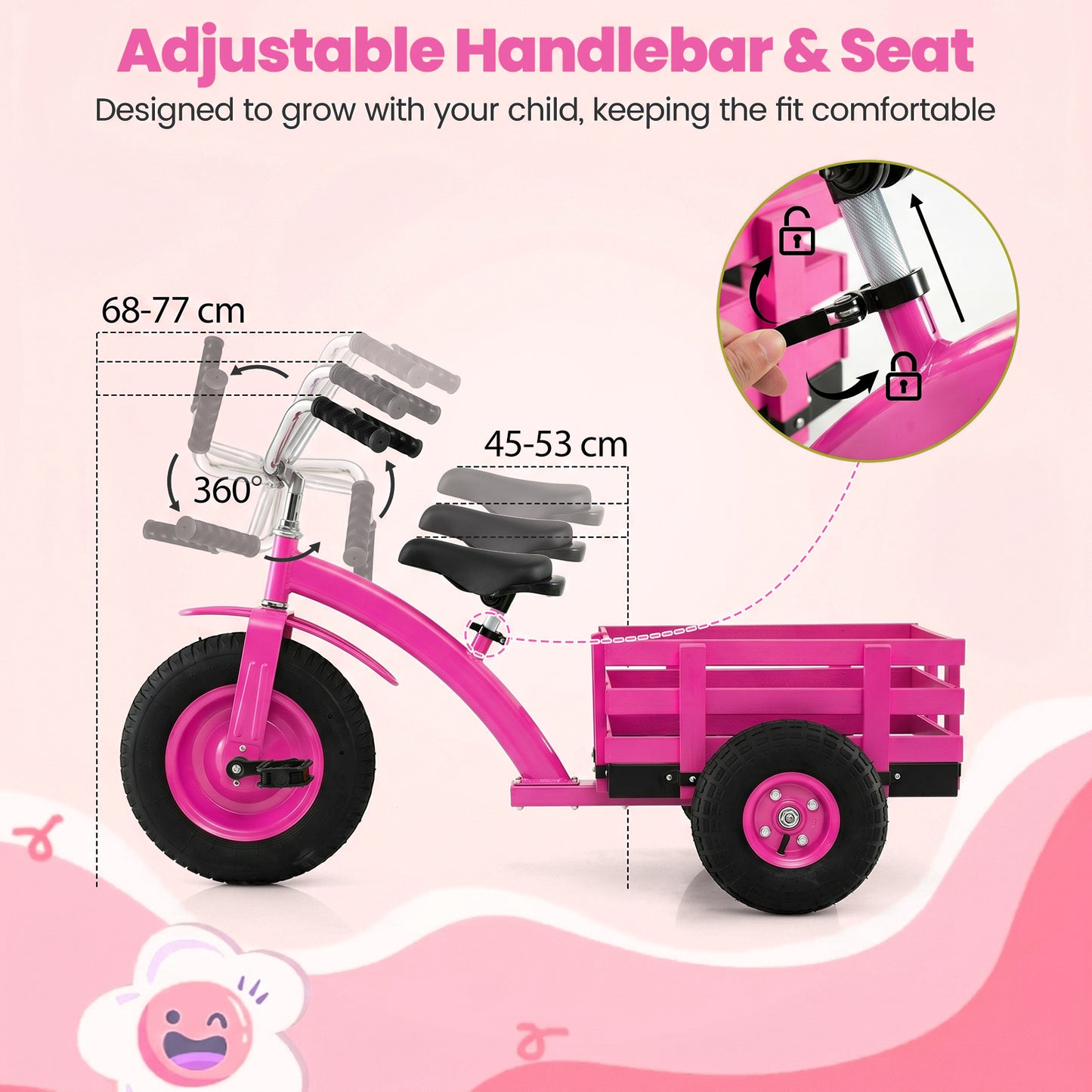 Pink Kids Tricycle | Basket Inflatable Tires Adjustable Seat
