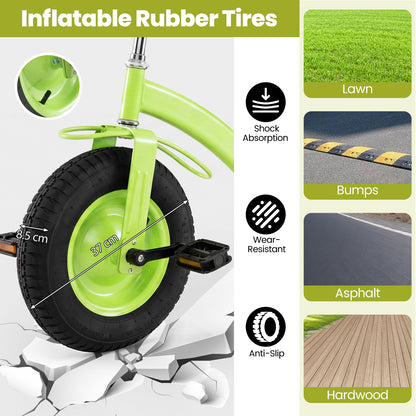 Green Kids Tricycle | Adjustable Seat, Basket & Inflatable Tires
