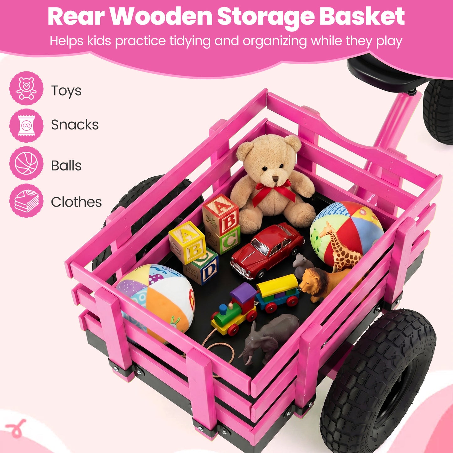 Pink Kids Tricycle | Basket Inflatable Tires Adjustable Seat