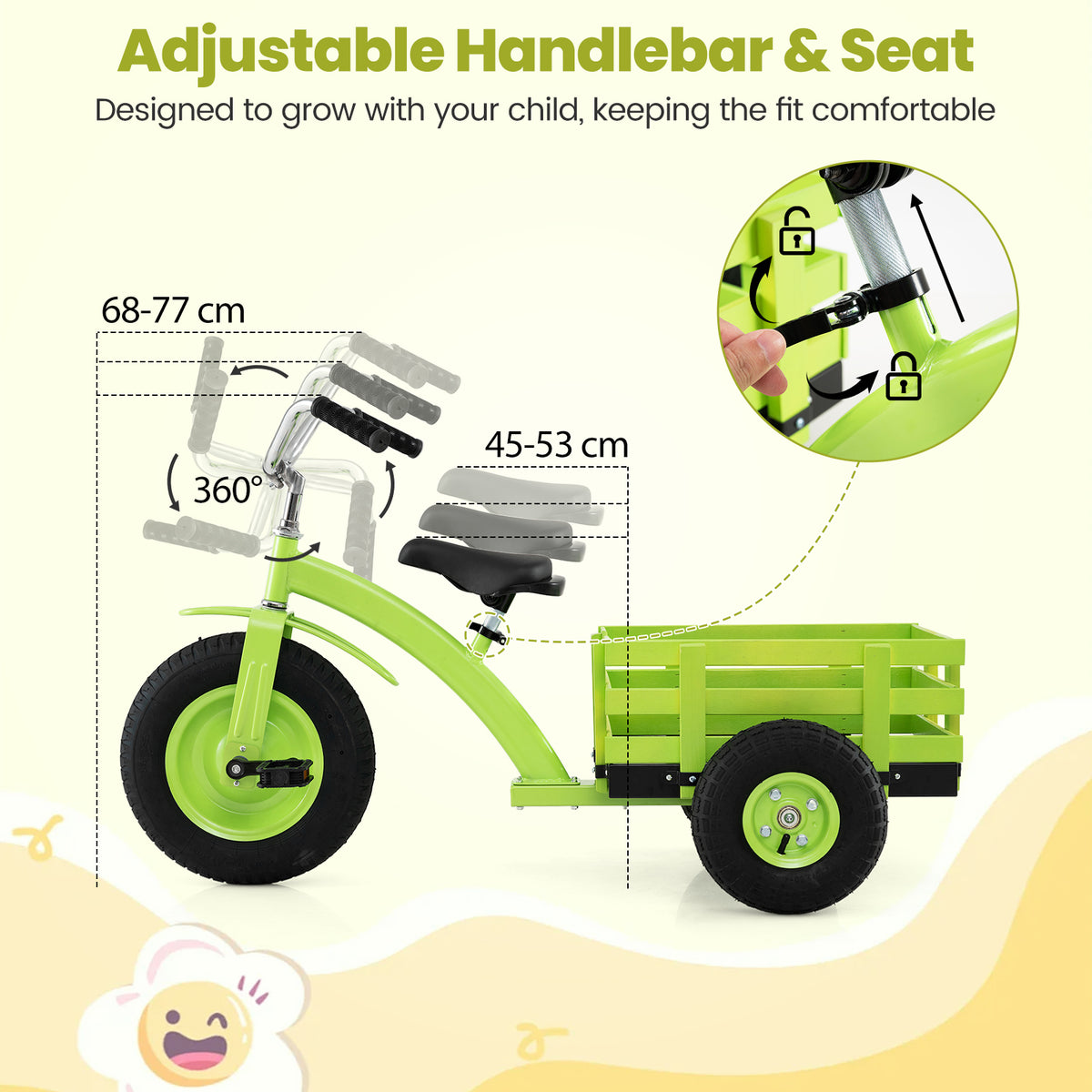 Green Kids Tricycle | Adjustable Seat, Basket & Inflatable Tires
