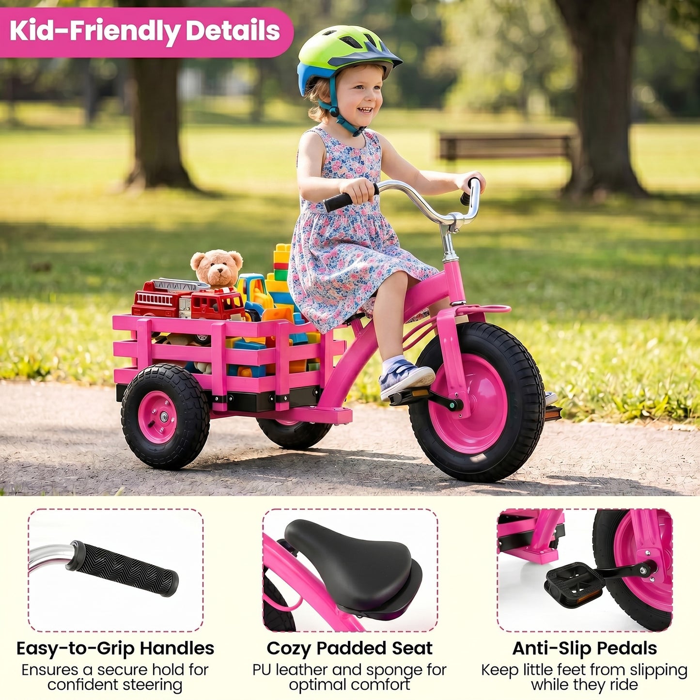 Pink Kids Tricycle | Basket Inflatable Tires Adjustable Seat