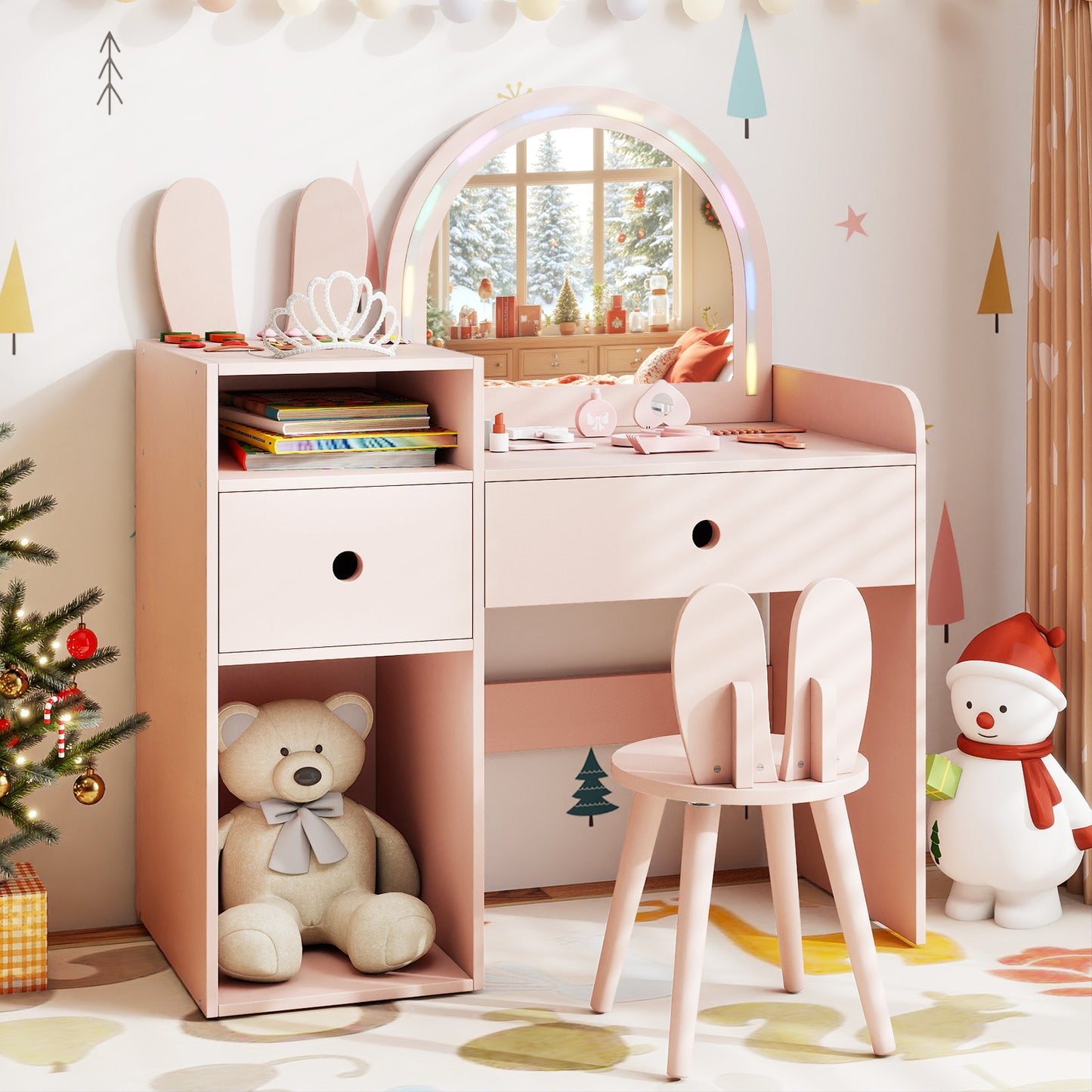 Costway Kids Vanity Desk with Lights Princess Bunny Makeup Table with Lighted Mirror-Pink