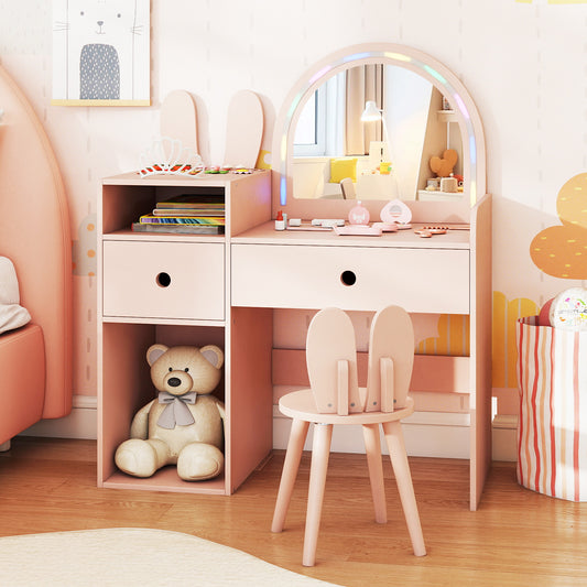 Pink Kids Vanity Desk | Lights Mirror Bunny Chair Storage
