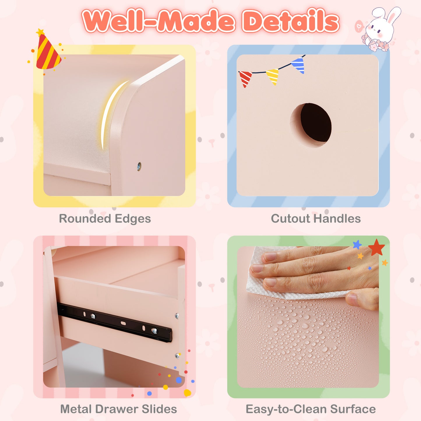 Pink Kids Vanity Desk | Lights Mirror Bunny Chair Storage
