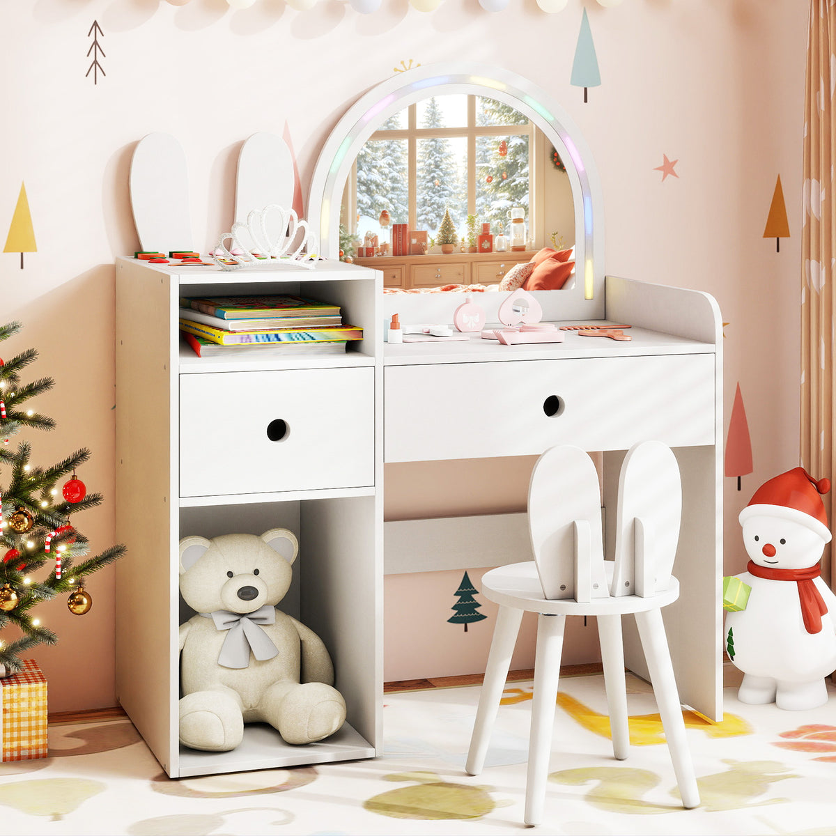 Costway Kids Vanity Desk with Lights Princess Bunny Makeup Table with Lighted Mirror-White
