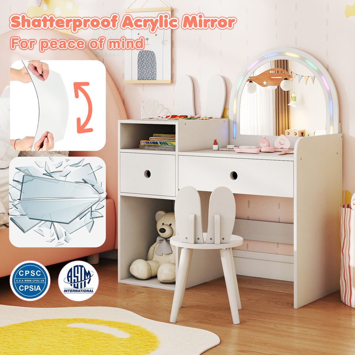 White Kids Vanity Desk | Colorful Lights Mirror & Bunny Chair