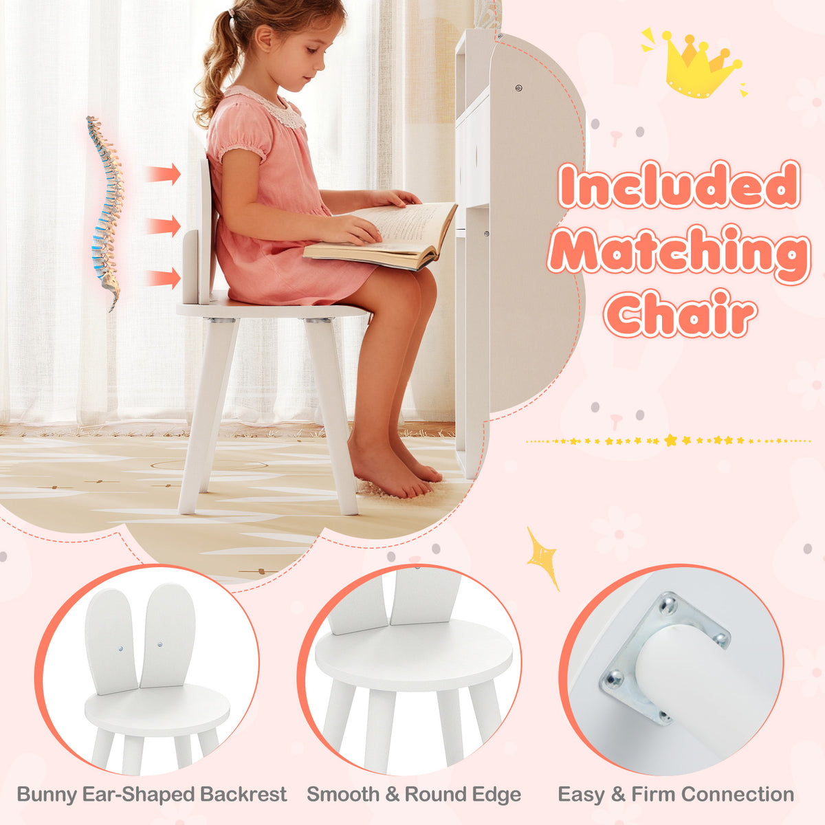 White Kids Vanity Desk | Colorful Lights Mirror & Bunny Chair