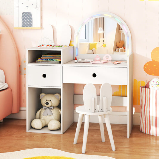 White Kids Vanity Desk | Colorful Lights Mirror & Bunny Chair
