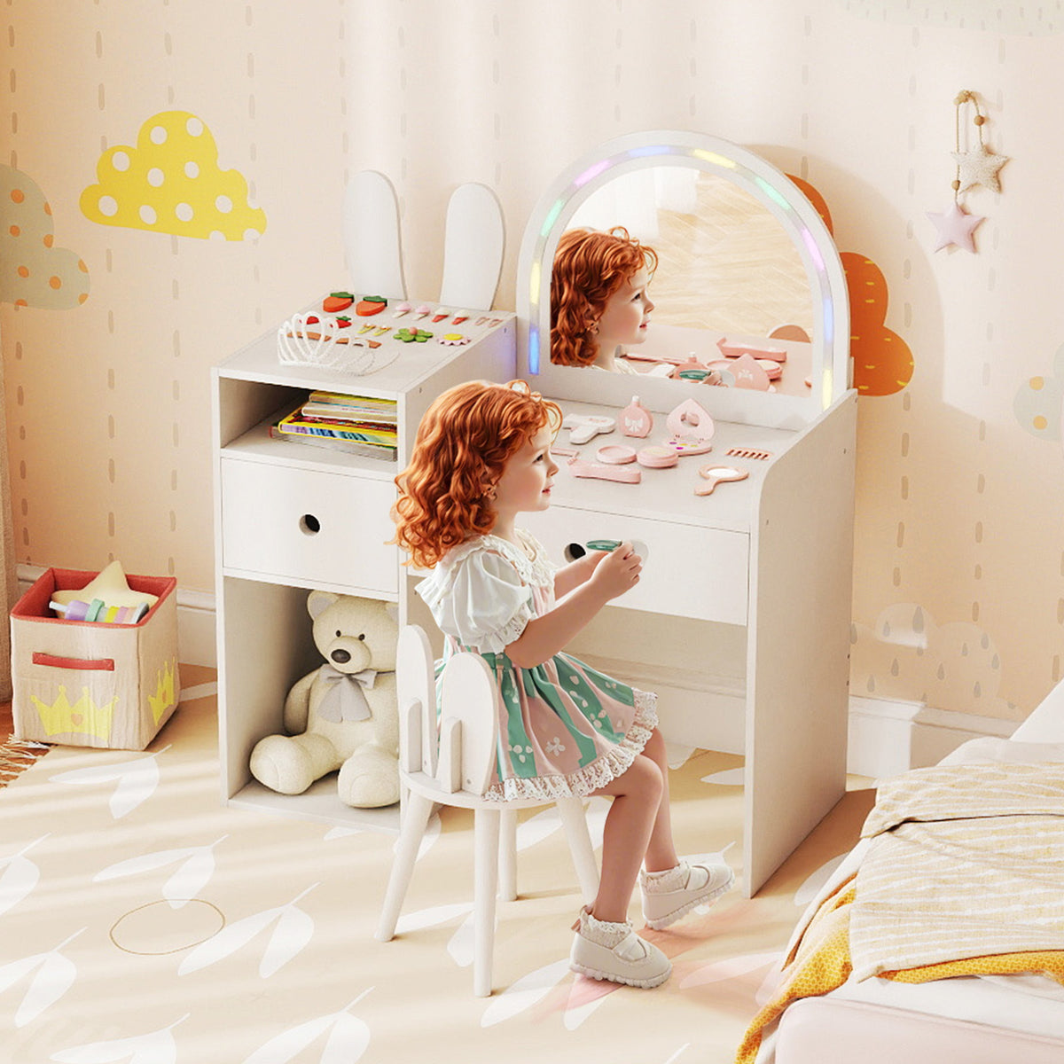 White Kids Vanity Desk | Colorful Lights Mirror & Bunny Chair