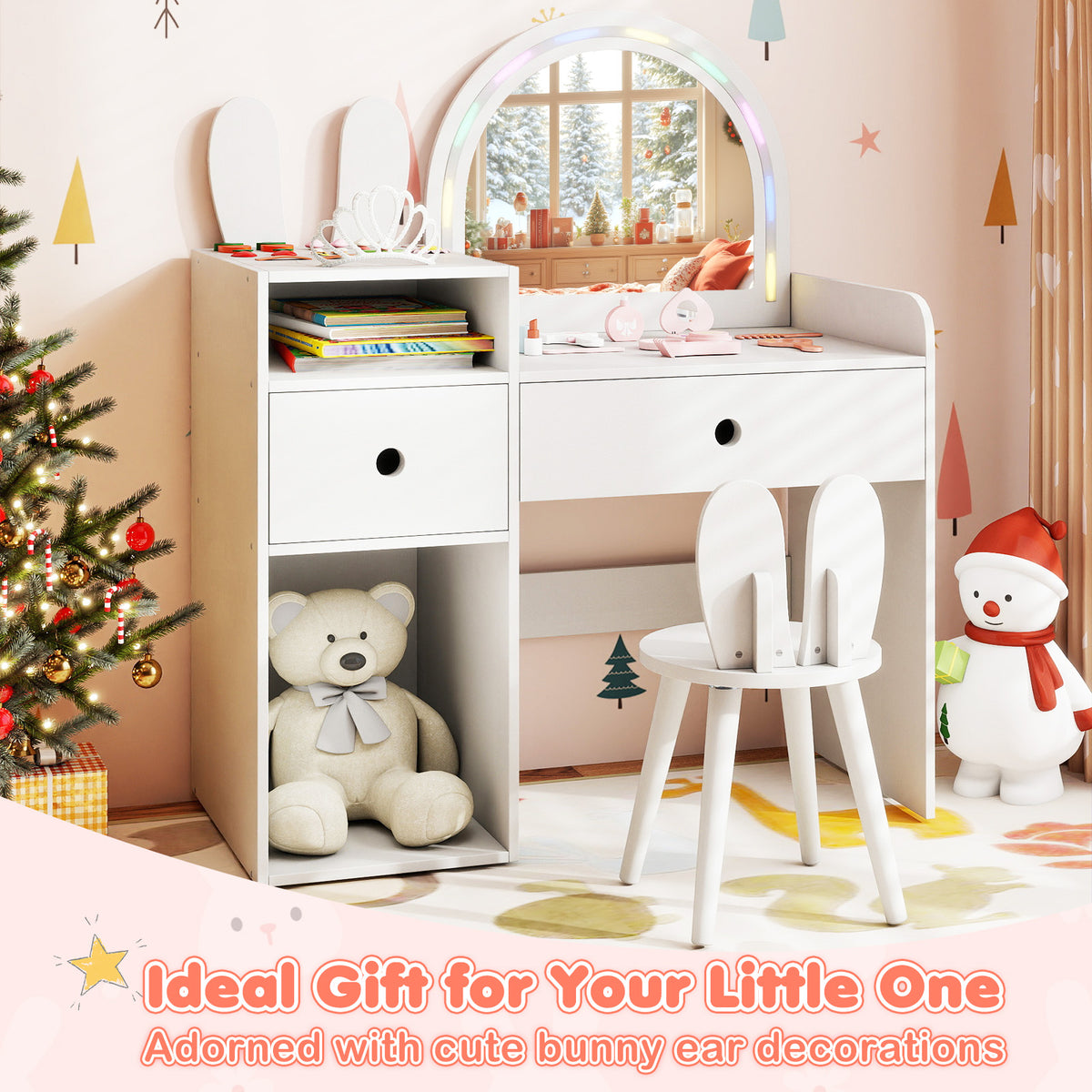 White Kids Vanity Desk | Colorful Lights Mirror & Bunny Chair