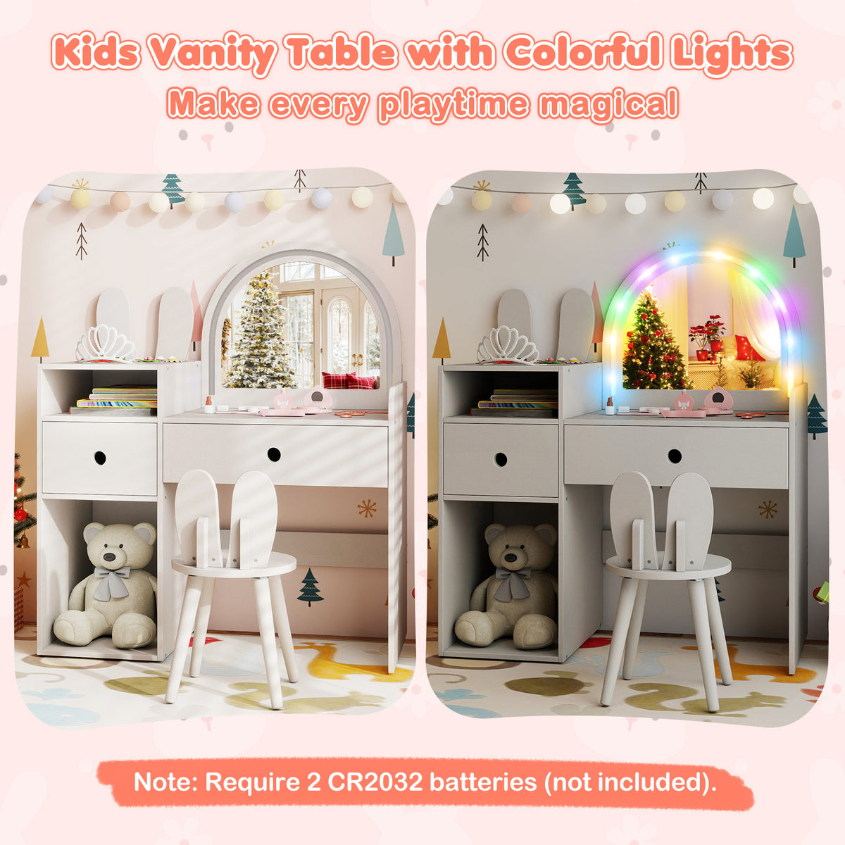 White Kids Vanity Desk | Colorful Lights Mirror & Bunny Chair