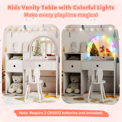 White Kids Vanity Desk | Colorful Lights Mirror & Bunny Chair