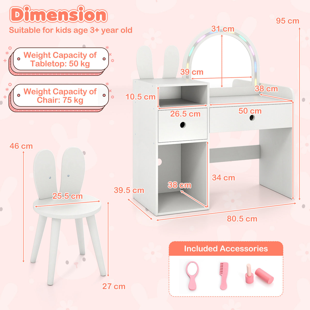 White Kids Vanity Desk | Colorful Lights Mirror & Bunny Chair