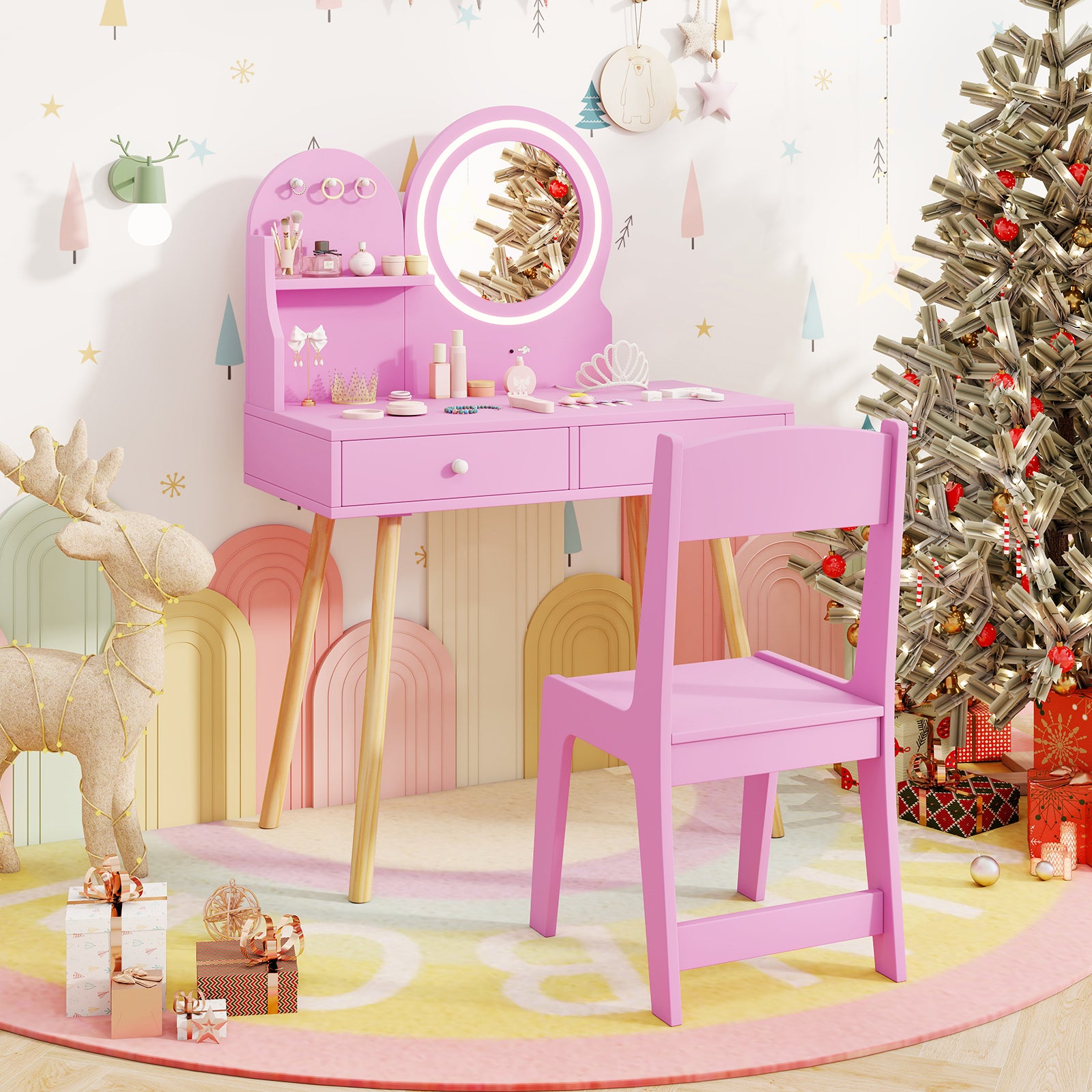 Kids Vanity Set with 2-Color Front Lit Mirror for 3+ Years-Pink