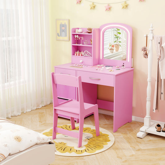 Pink Kids Vanity Set | 2 Color LED Mirror & Storage Drawers