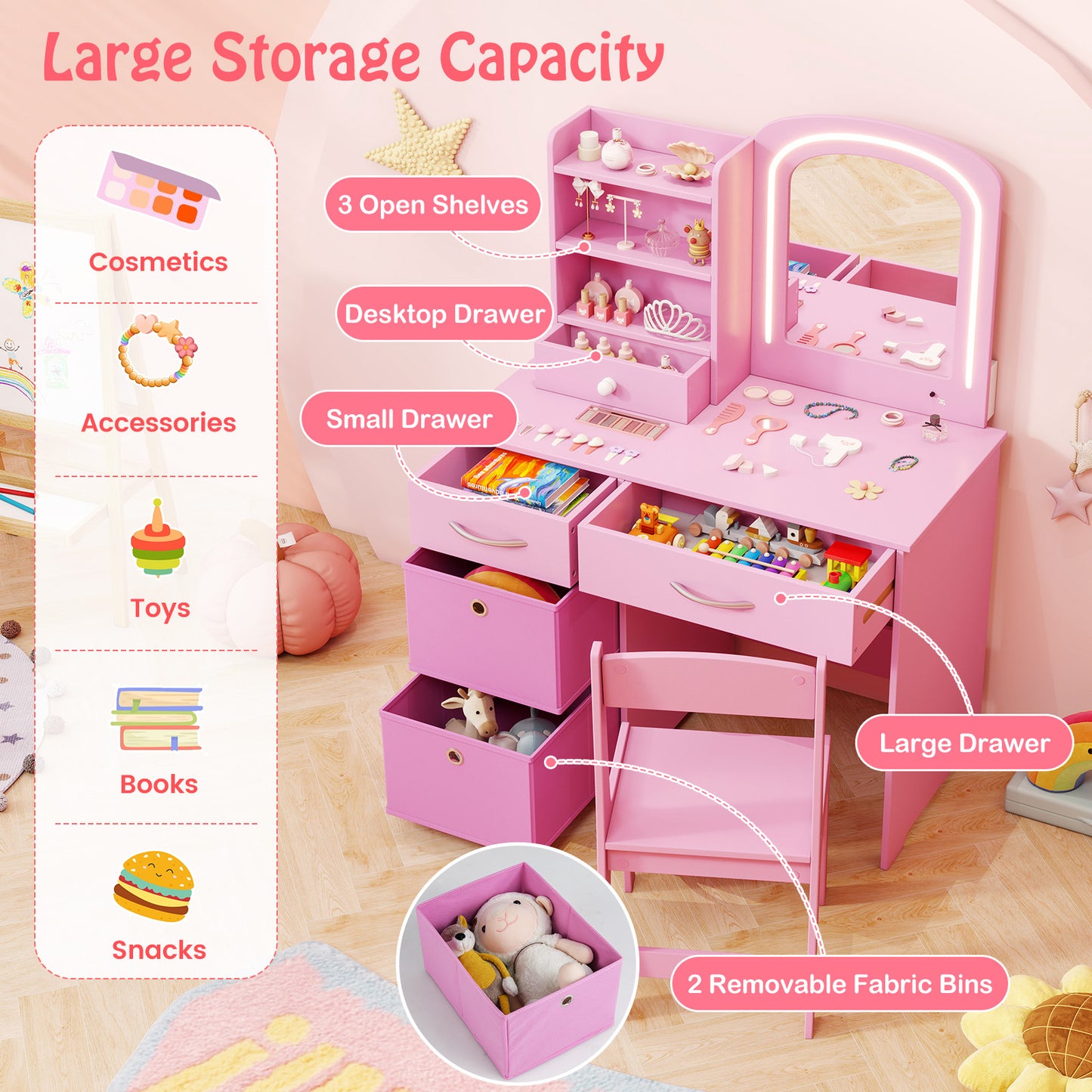 Pink Kids Vanity Set | 2 Color LED Mirror & Storage Drawers