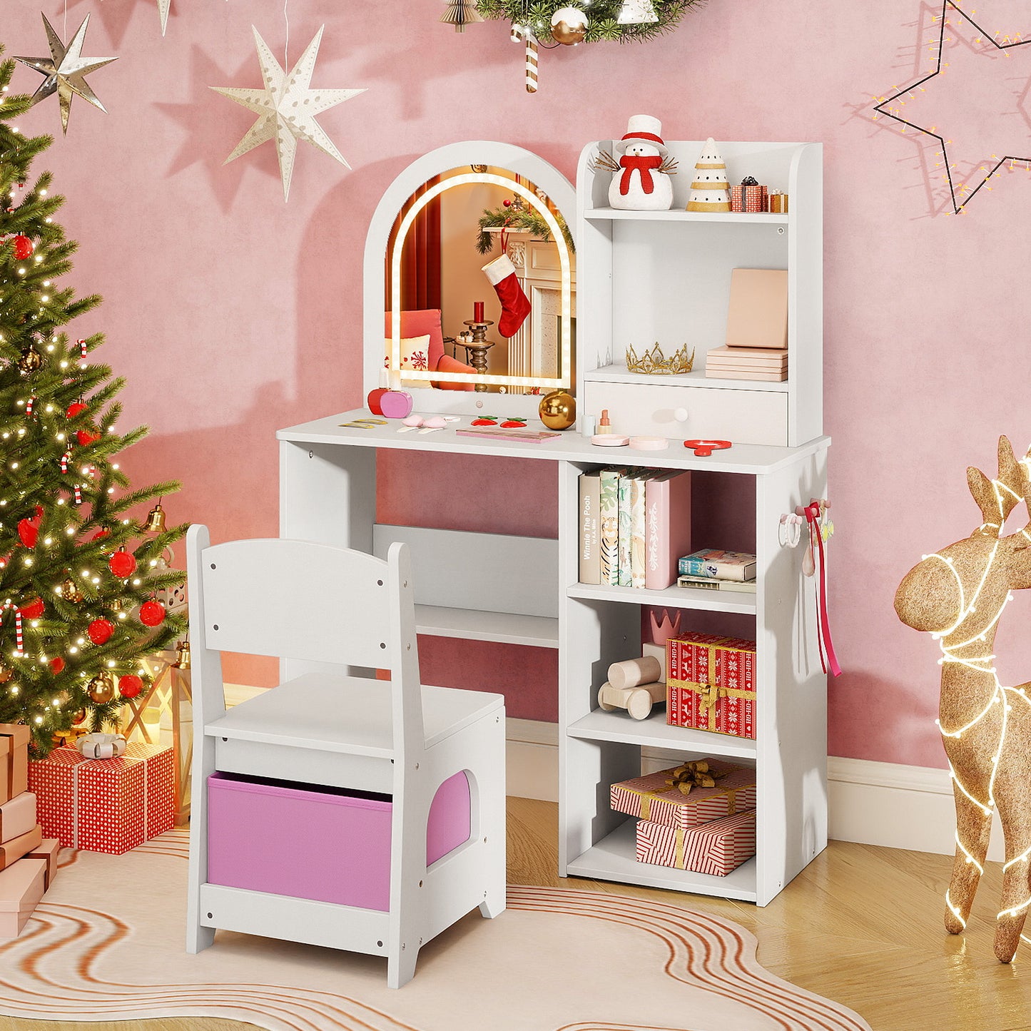 Kids Vanity Set with 3-Color LED Mirror and 2-In-1 Table-White