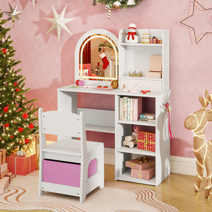 Kids Vanity Set with 3-Color LED Mirror and 2-In-1 Table-White