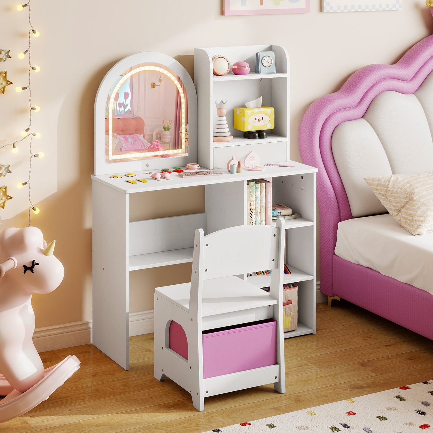 Kids White Vanity Set | 3 LED Mirror Colors | 2-in-1 Table