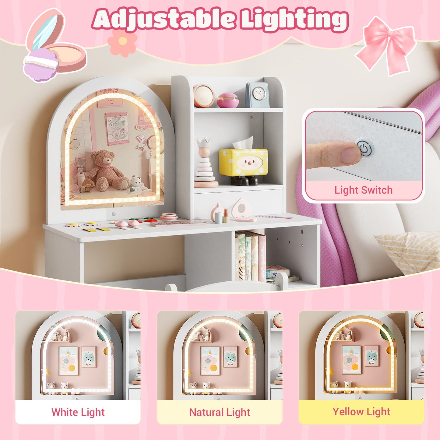 Kids White Vanity Set | 3 LED Mirror Colors | 2-in-1 Table