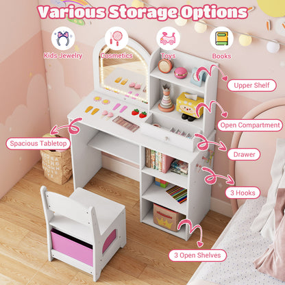 Kids White Vanity Set | 3 LED Mirror Colors | 2-in-1 Table