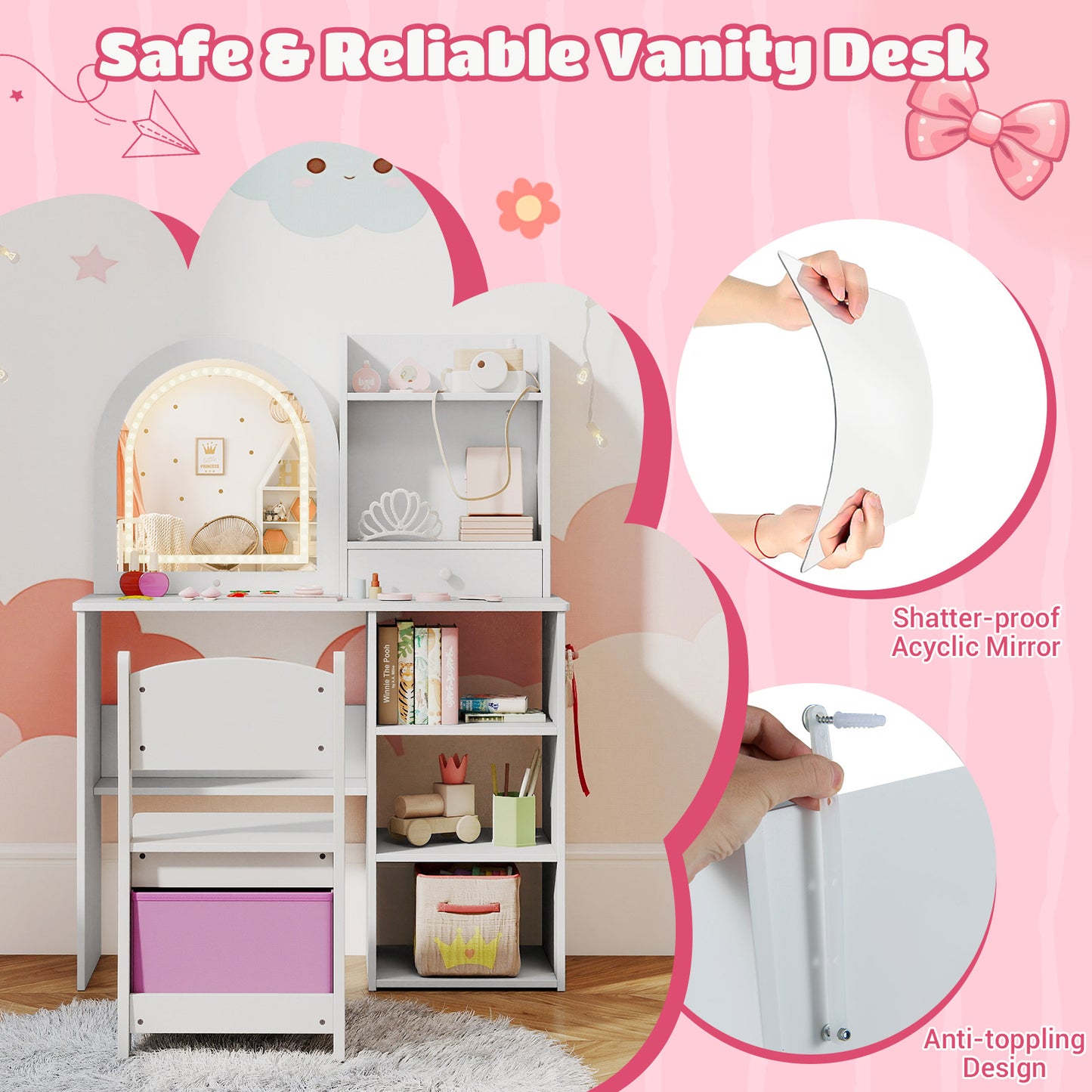 Kids White Vanity Set | 3 LED Mirror Colors | 2-in-1 Table