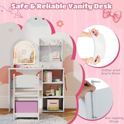 Kids White Vanity Set | 3 LED Mirror Colors | 2-in-1 Table