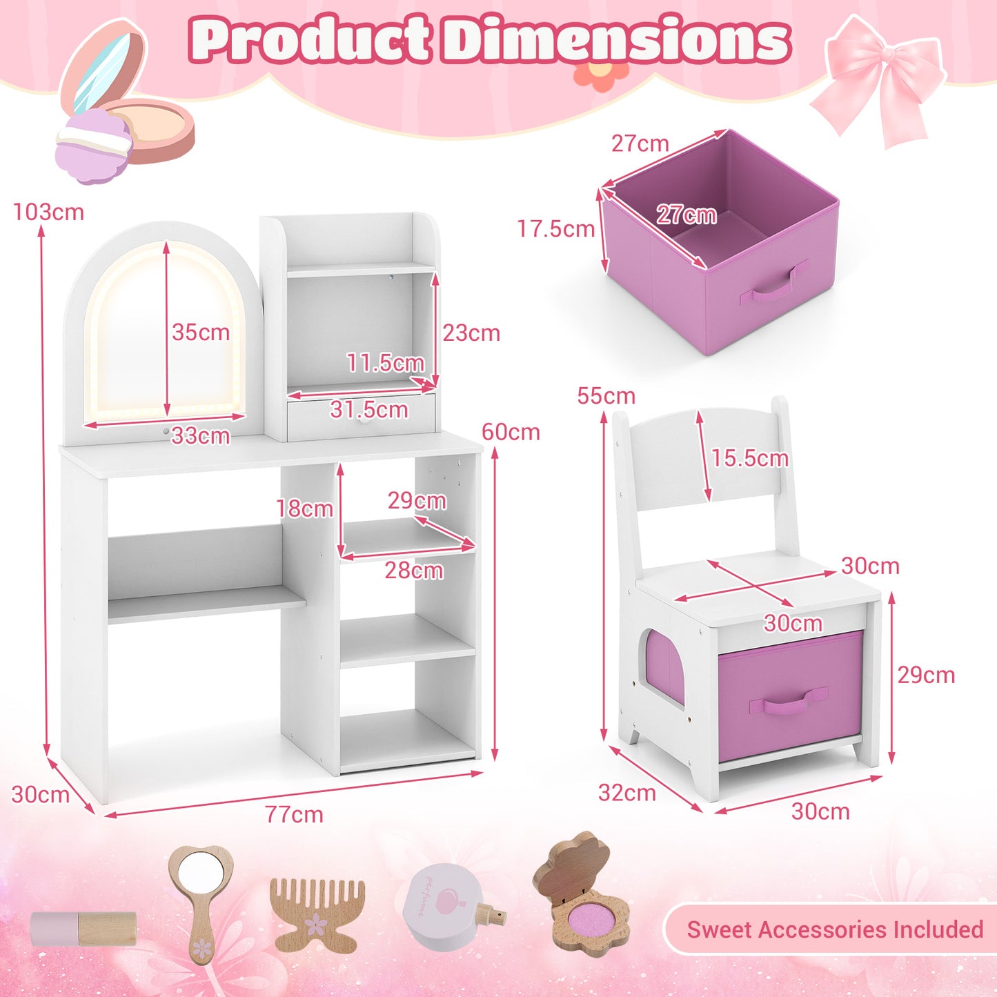 Kids White Vanity Set | 3 LED Mirror Colors | 2-in-1 Table