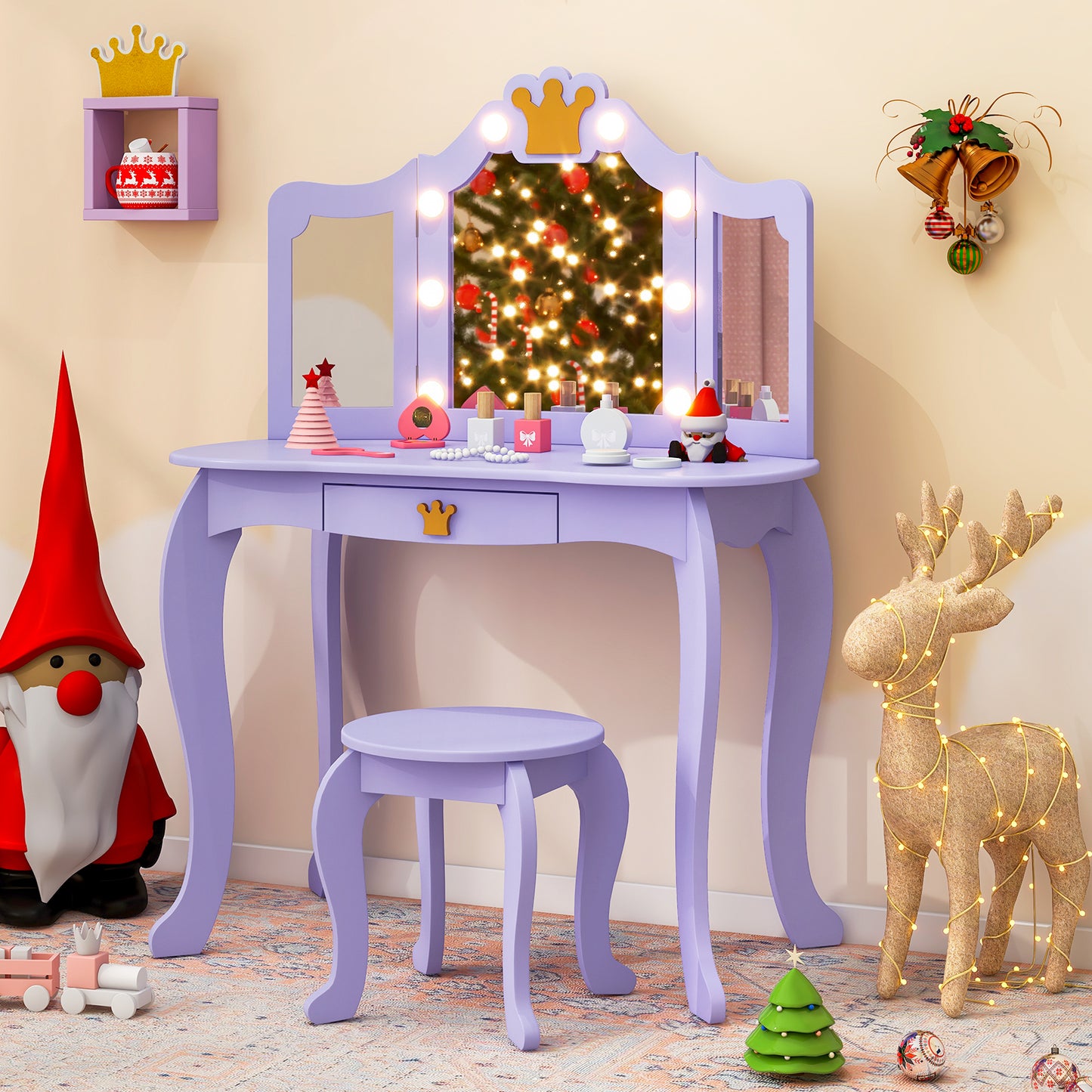 Kids Vanity Set with 3-color Adjustable Lighted Mirror for Kids-Purple