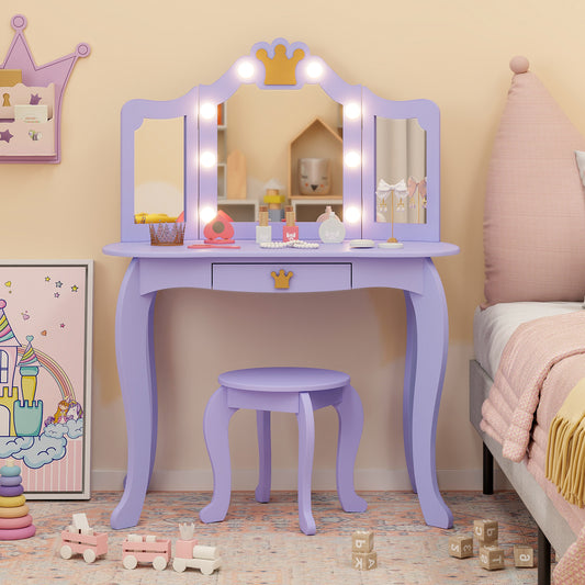 Kids Vanity Set | 3-Color LED Mirror Crown Design Pink White