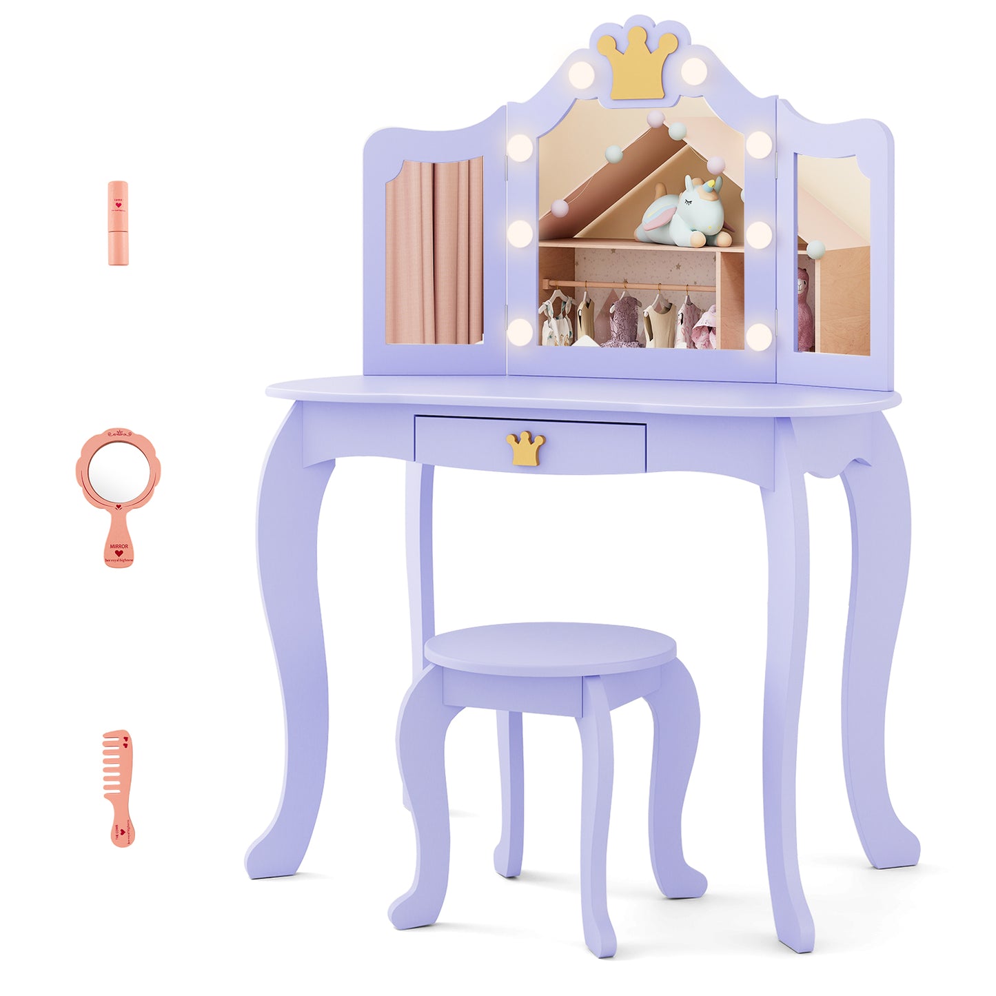 Kids Vanity Set | 3-Color LED Mirror Crown Design Pink White