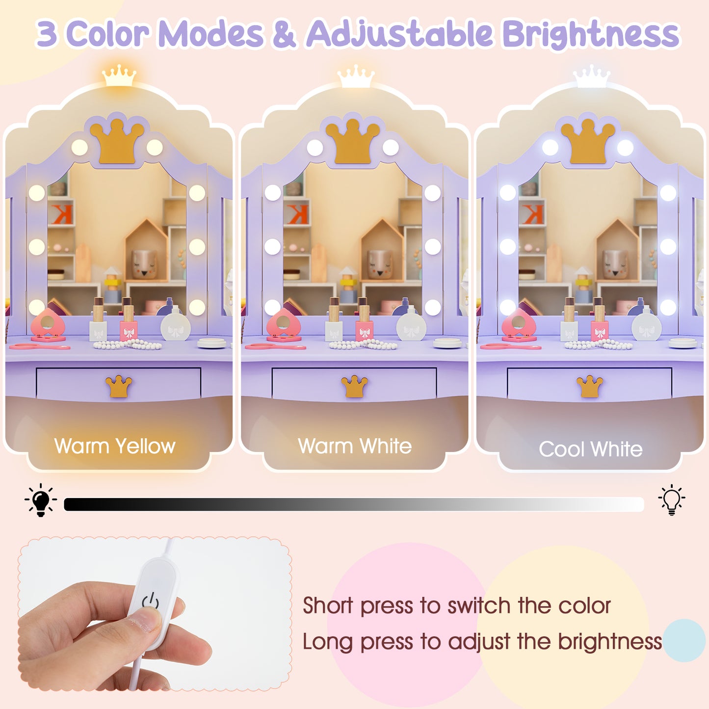 Kids Vanity Set | 3-Color LED Mirror Crown Design Pink White