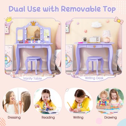 Kids Vanity Set | 3-Color LED Mirror Crown Design Pink White