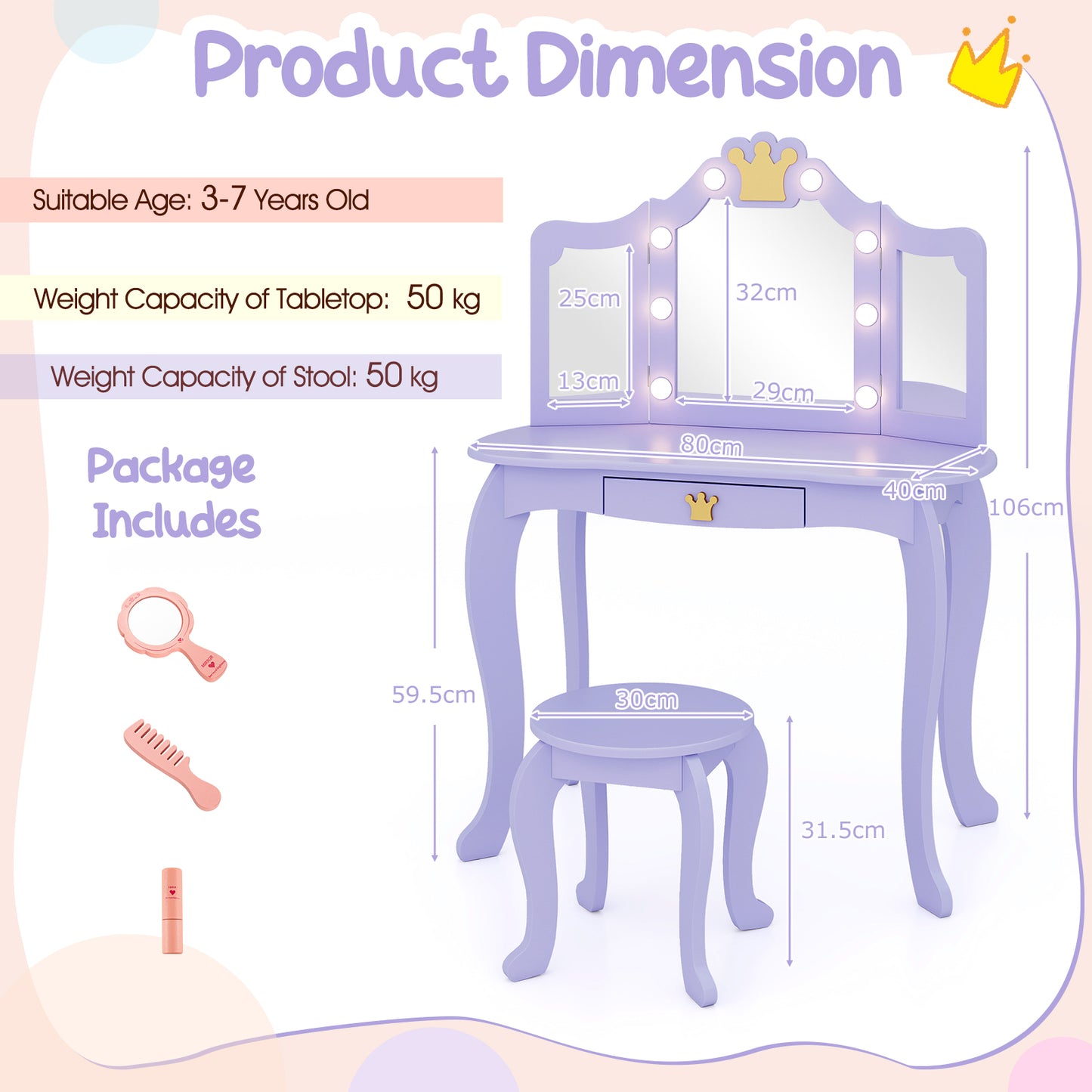 Kids Vanity Set | 3-Color LED Mirror Crown Design Pink White