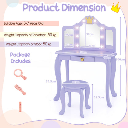 Kids Vanity Set | 3-Color LED Mirror Crown Design Pink White