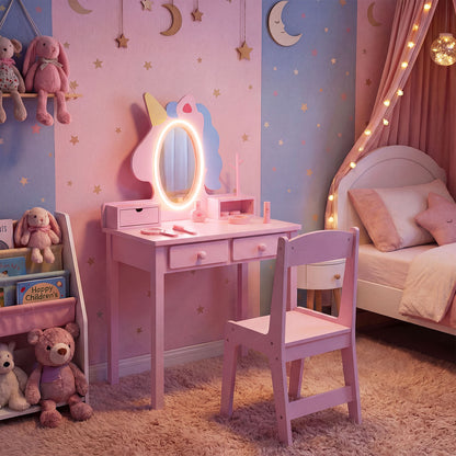 Pink Kids Vanity Set | Lighted Unicorn Mirror & Stool for Girls