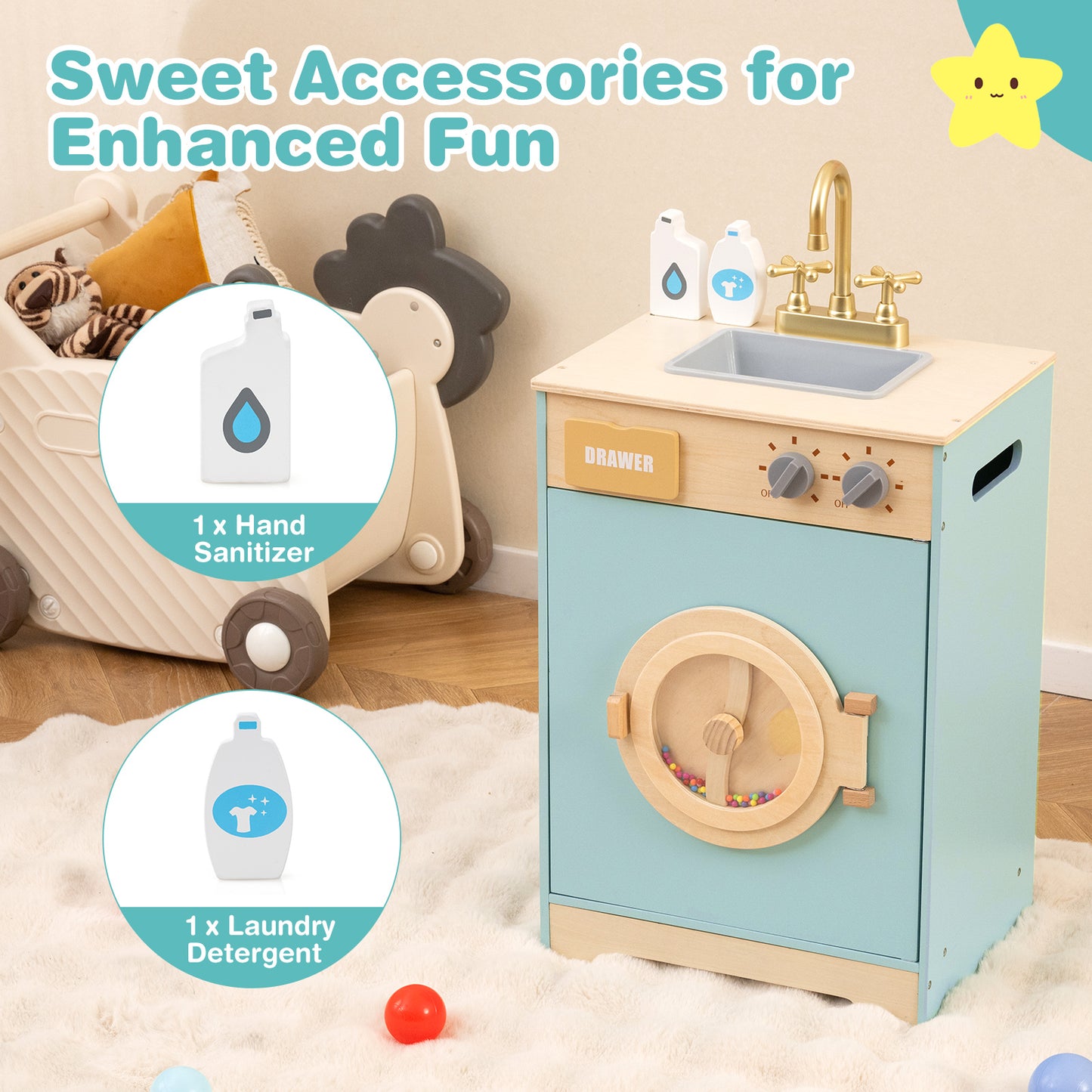 Kids Washer Playset Toy Washing Machine With Laundry Detergent And Hand Sanitizer Blue